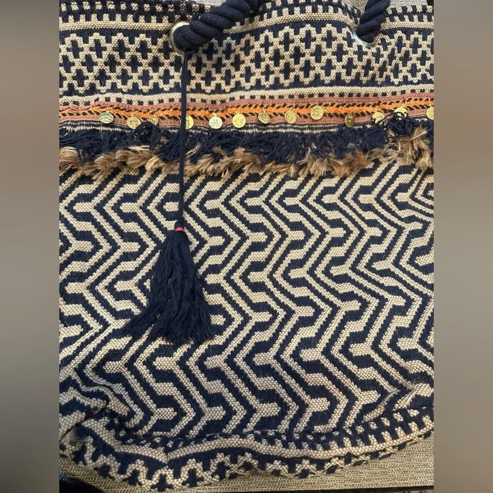 Bohemian Navy and Tan Woven Tote Bag